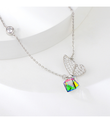 Сребърно колие Пеперуда Цветен Кристал | колекция Delicate Silver | Бижута Invoke.bg