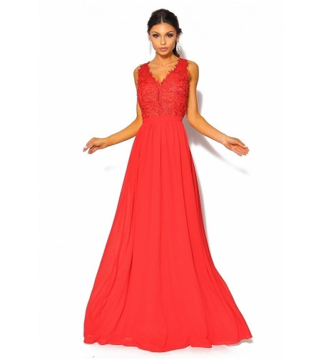 Официална дълга рокля с тюл и дантела в червено