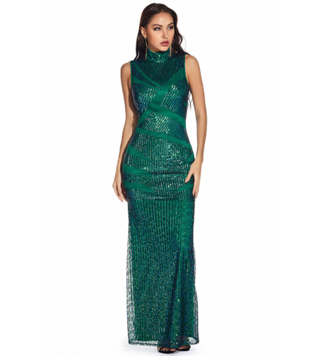 Елегантна дълга рокля с пайети в зелено