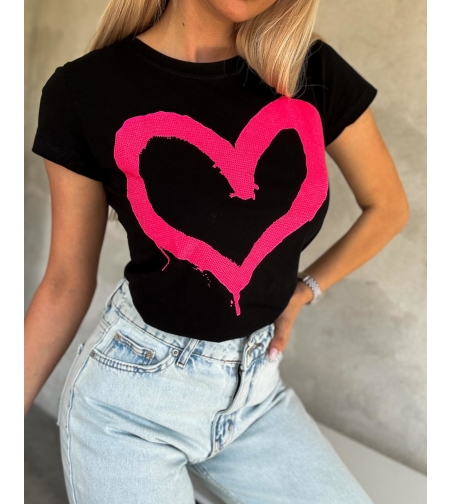 Черна тениска розово сърце неон