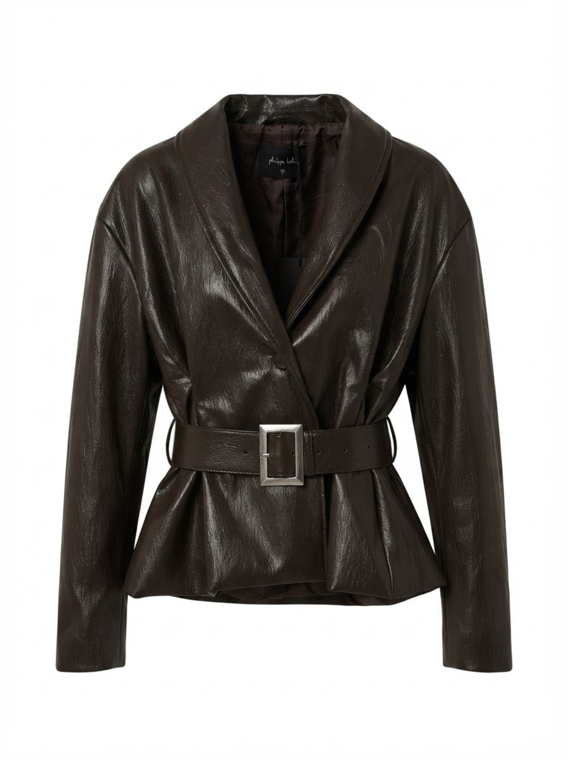 BELTED LEATHER-LOOK BLAZER IN DARK BROWN