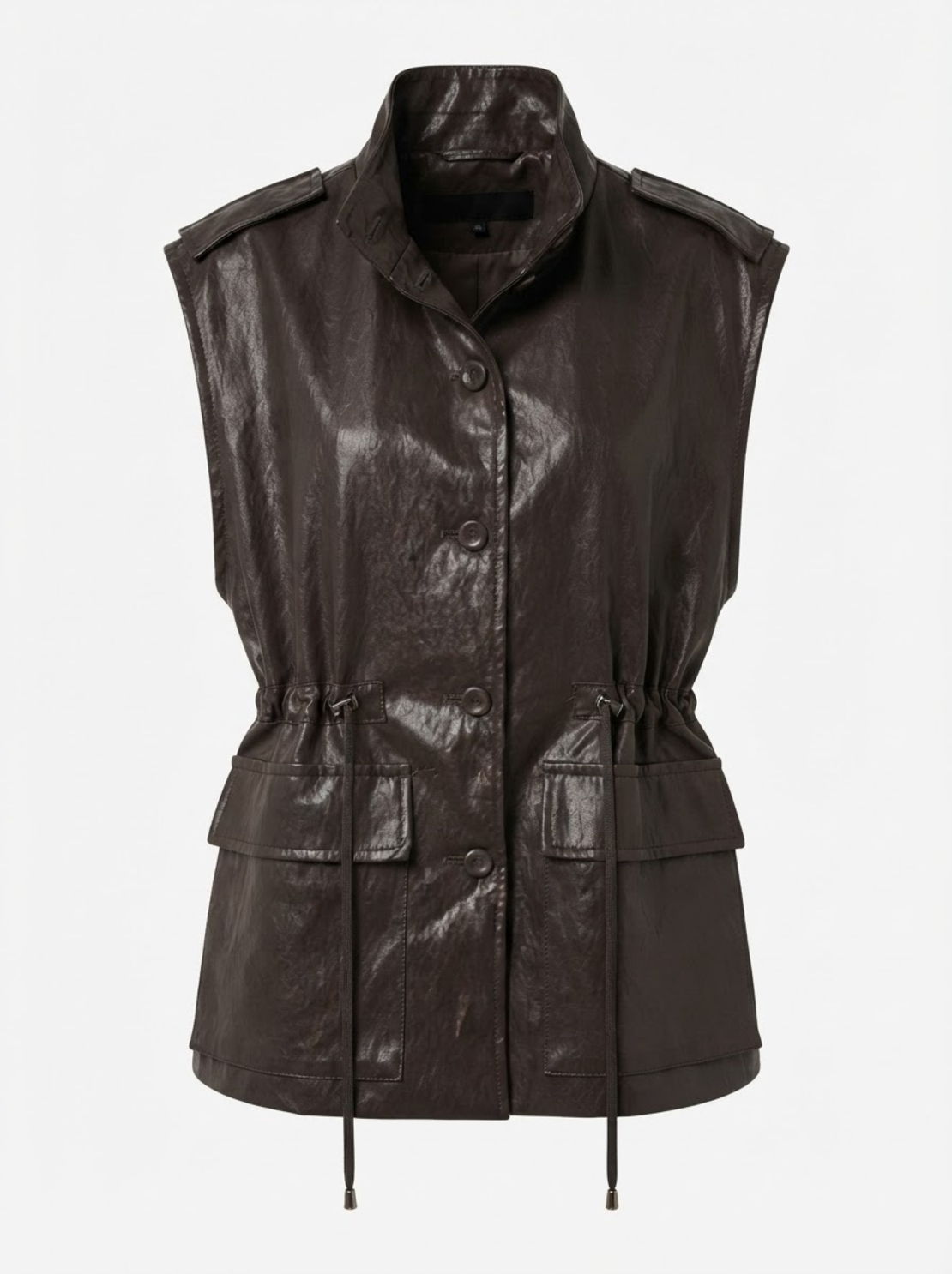 UTILITY LEATHER-LOOK VEST IN DARK BROWN