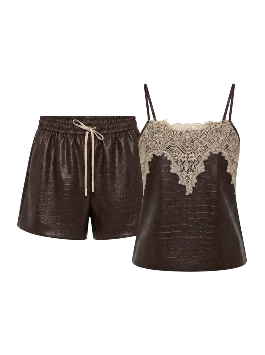 CROCO LACE TOP & SHORTS SET IN CHOCOLATE BROWN