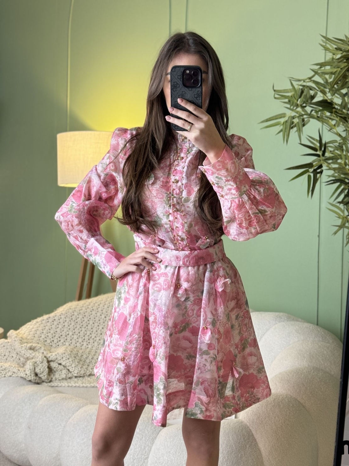 Дамски ефирен комплект с розов  флорален принт и колан