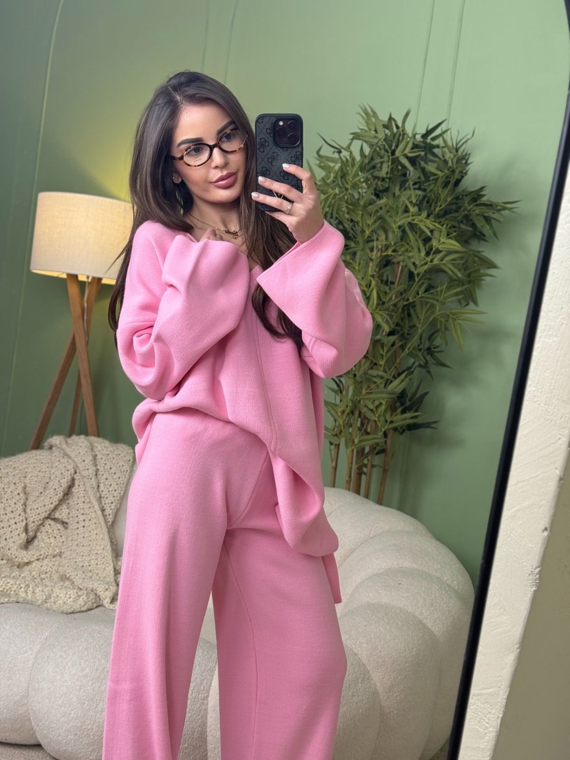 Дамски плетен комплект Cozy Vibe (пуловер + панталон)-розово