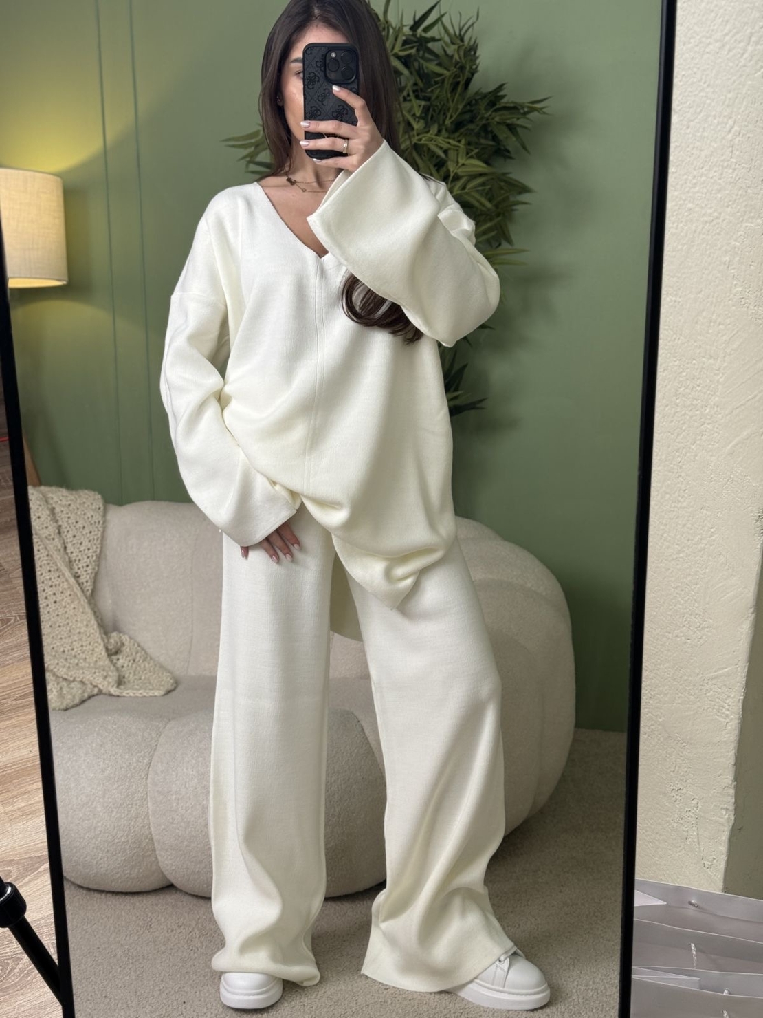 Дамски плетен комплект Cozy Vibe (пуловер + панталон)-бяло