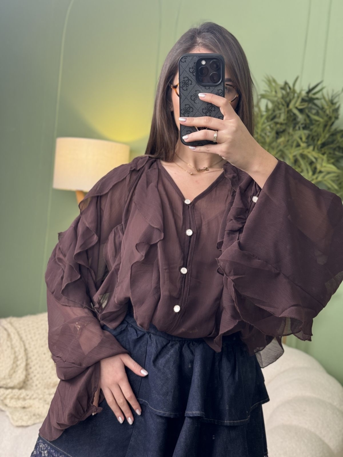 Дамска блуза Ruffle Elegance-кафяво