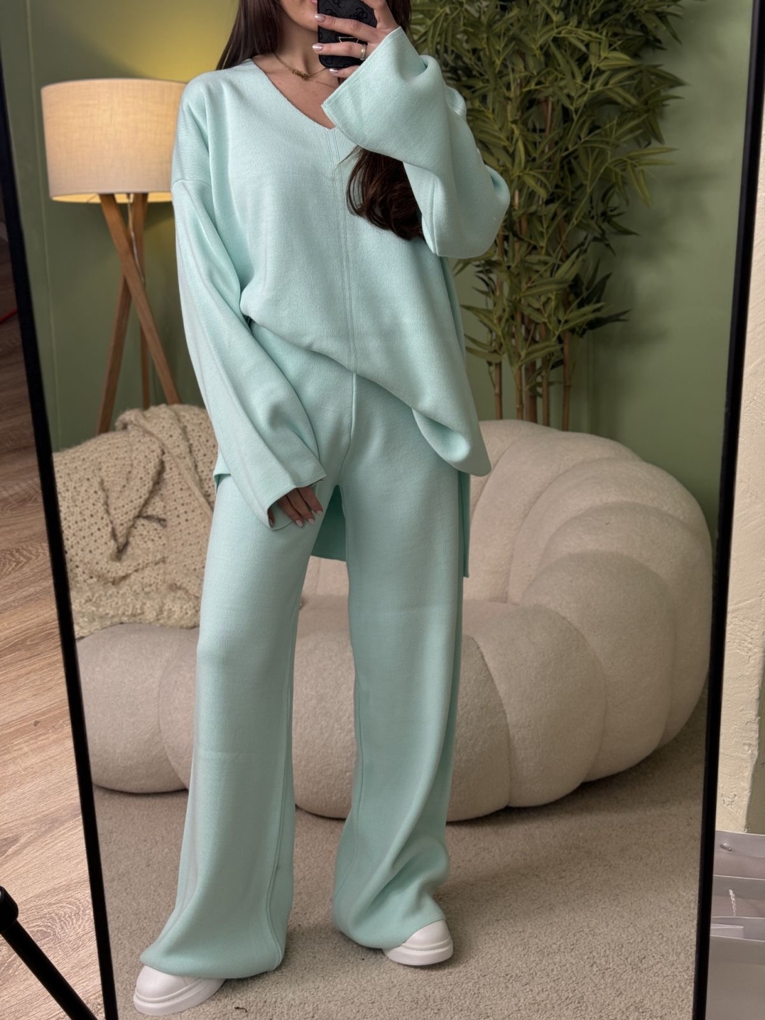 Дамски плетен комплект Cozy Vibe (пуловер + панталон)-синьо