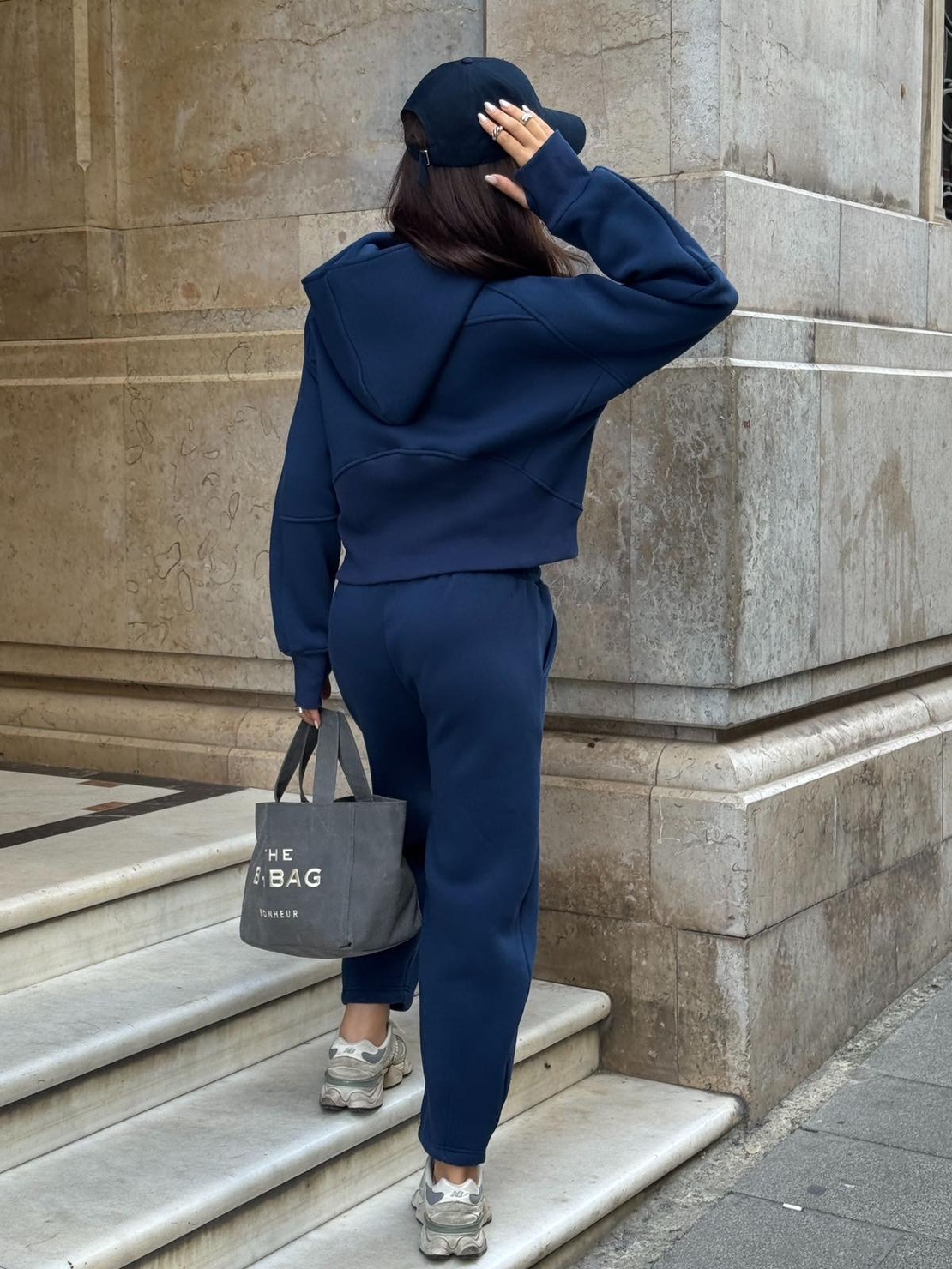 Дамски спортен комплект с цип и качулка (суитшърт + панталон)-син