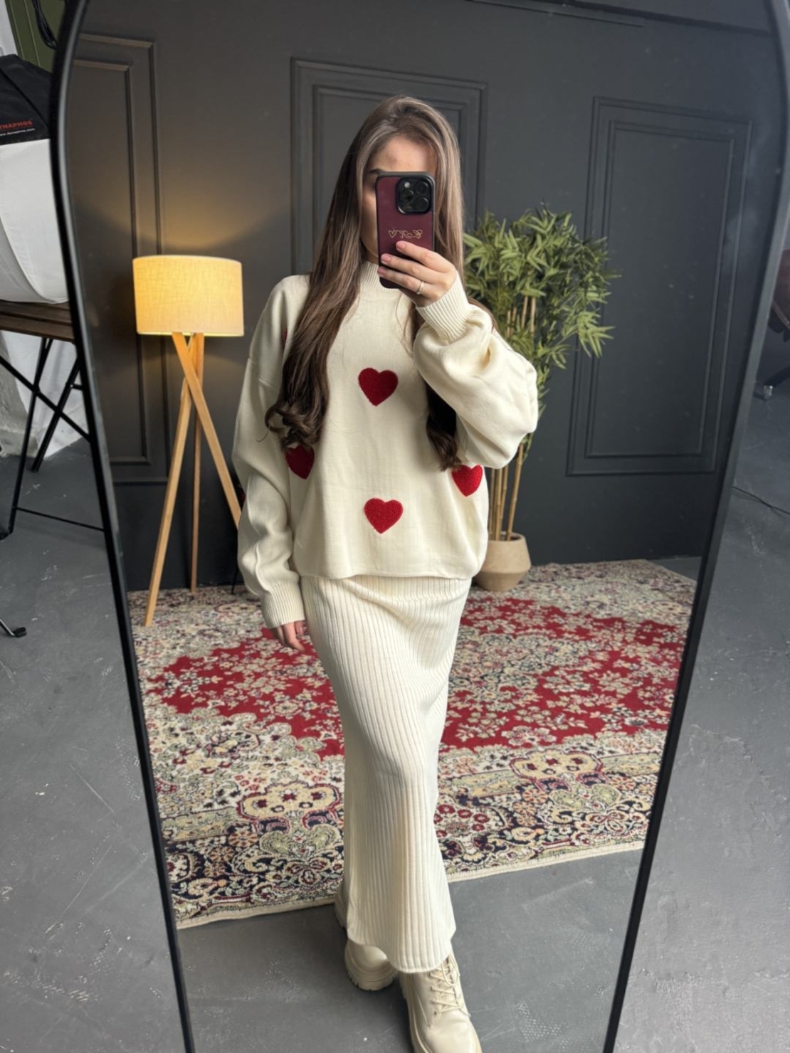 Комплект рокля и пуловер със сърца-бяло