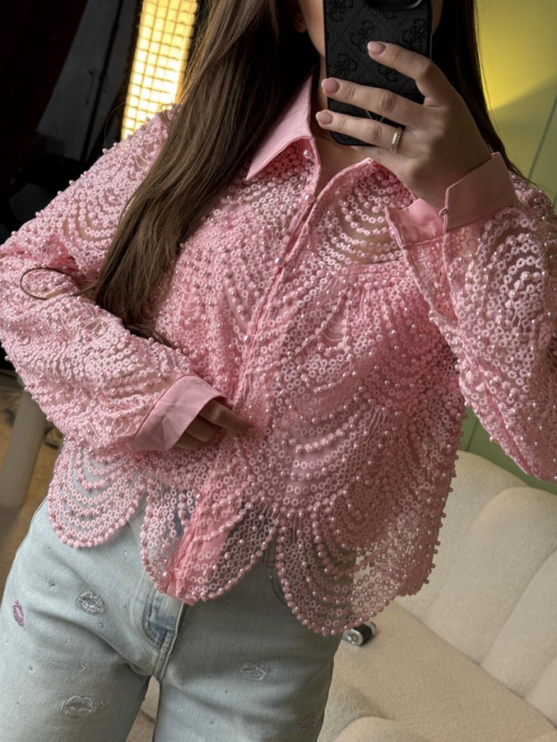 Дамска елегантна розова  дантелена риза с релефен ефект