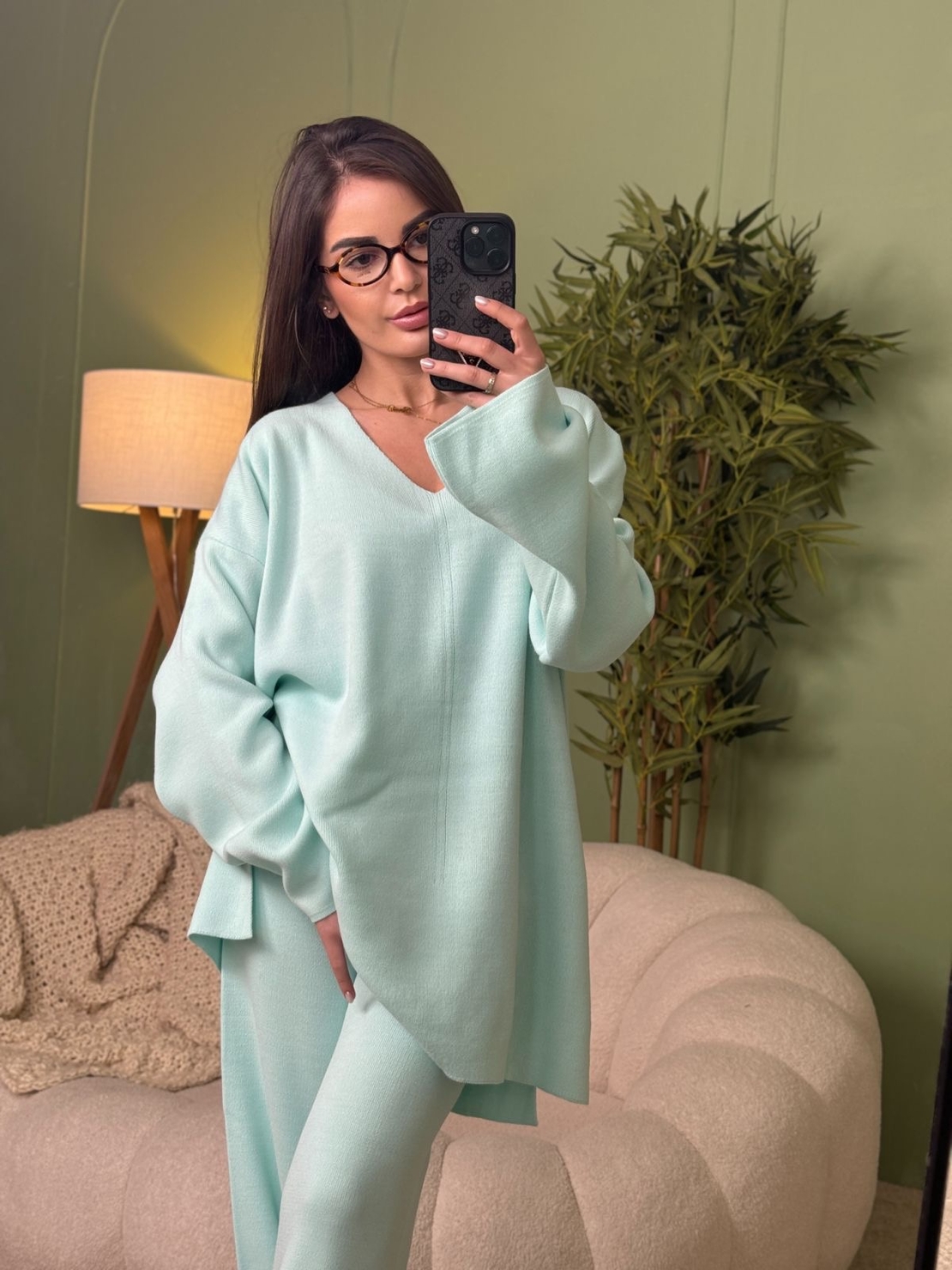 Дамски плетен комплект Cozy Vibe (пуловер + панталон)-синьо