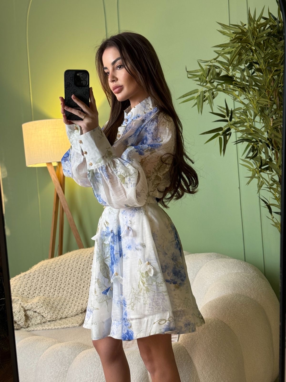 Дамски ефирен комплект със син  флорален принт и колан