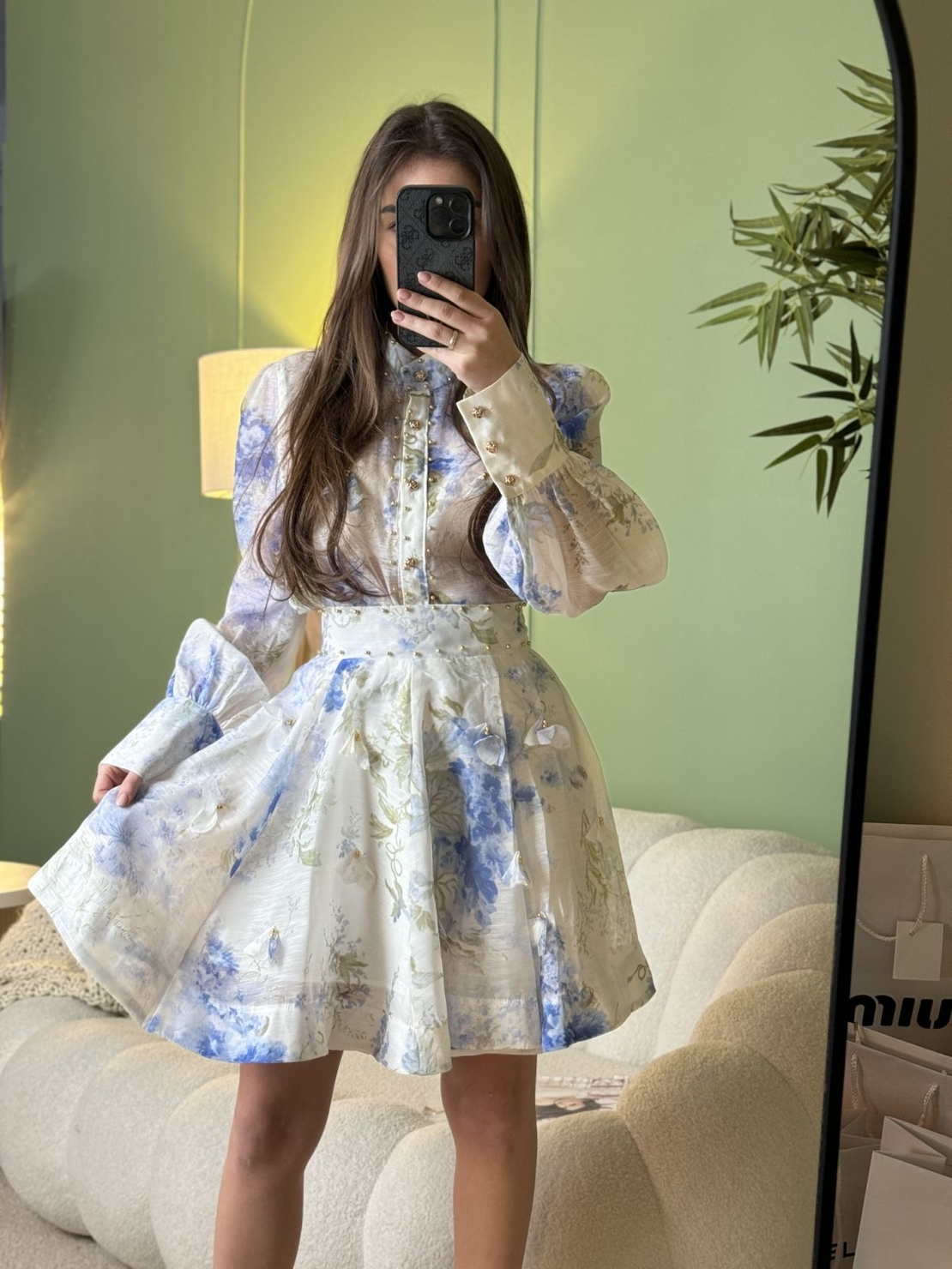 Дамски ефирен комплект със син  флорален принт и колан