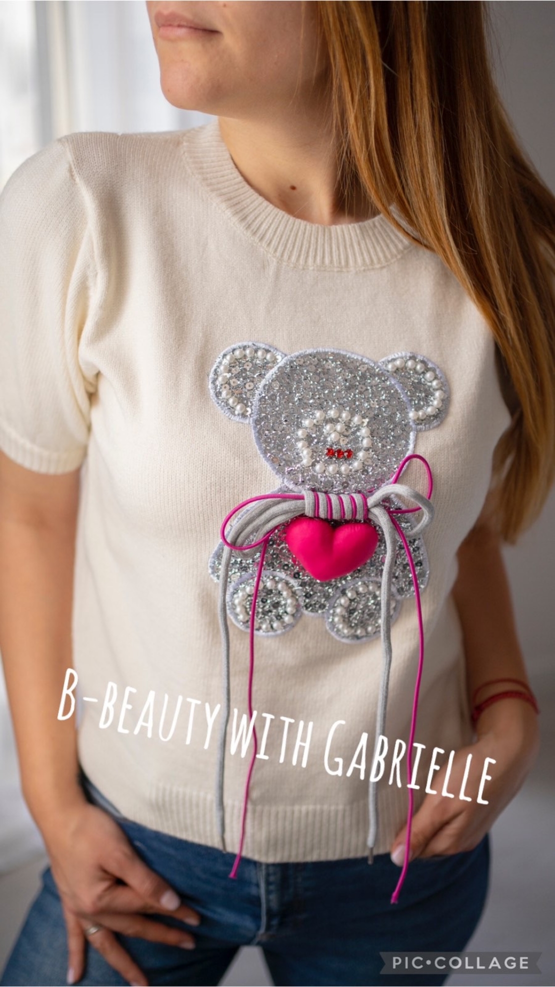 Дамска блуза „Sparkle Teddy“ – Фино плетиво с декорация