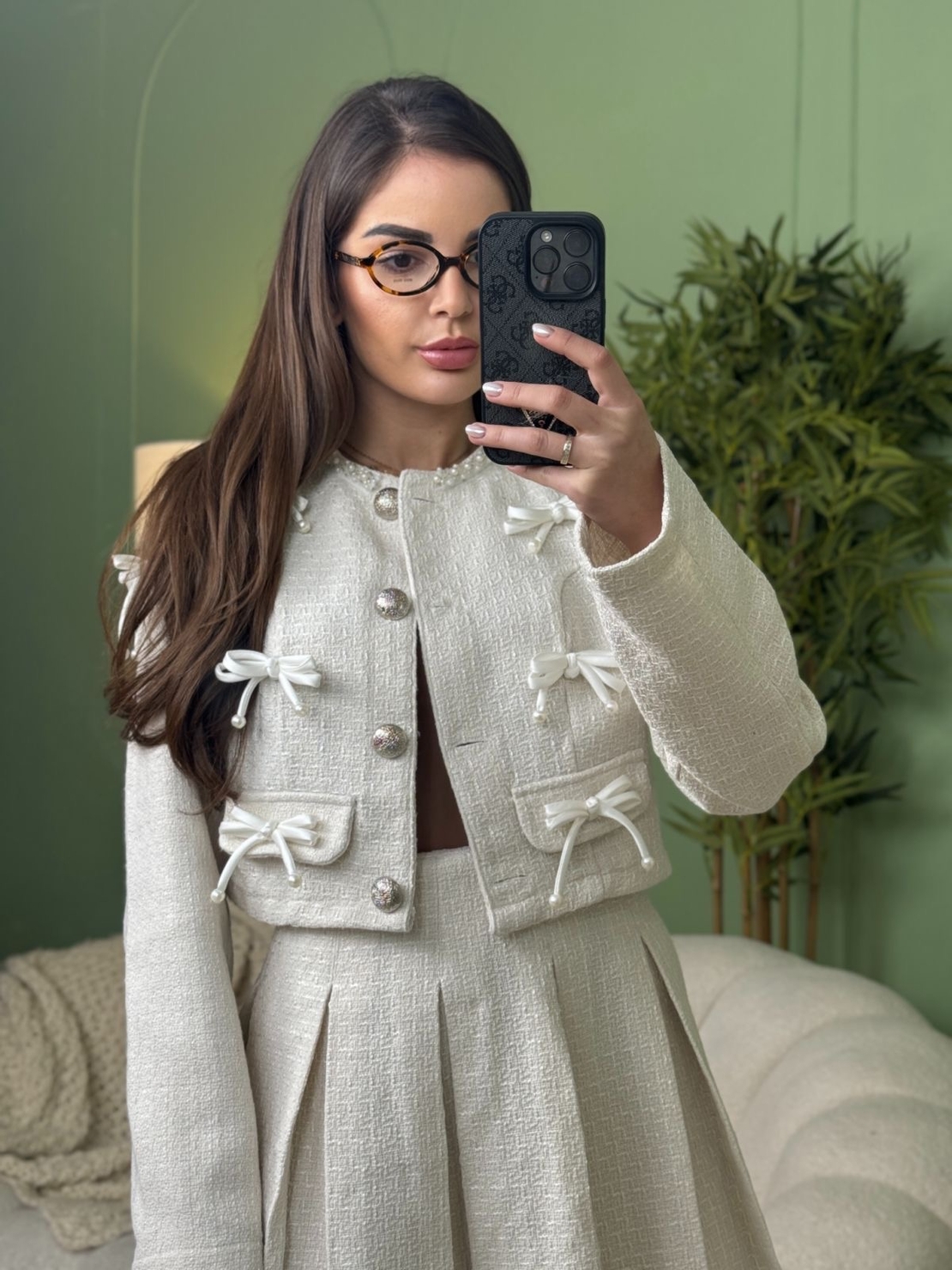 Дамски елегантен комплект сако и плисирана пола-екрю