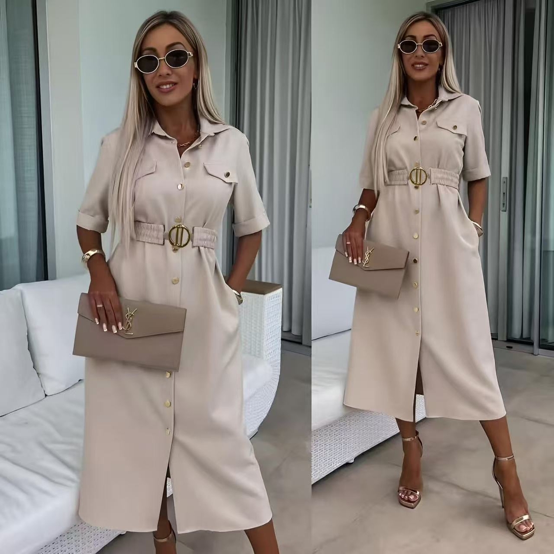 Елегантна риза-рокля с колан „Sophisticated Chic“- Бежова