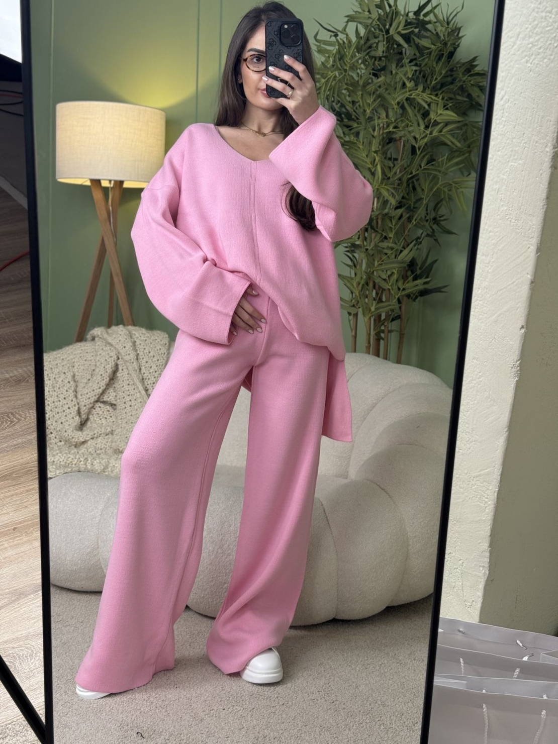 Дамски плетен комплект Cozy Vibe (пуловер + панталон)-розово