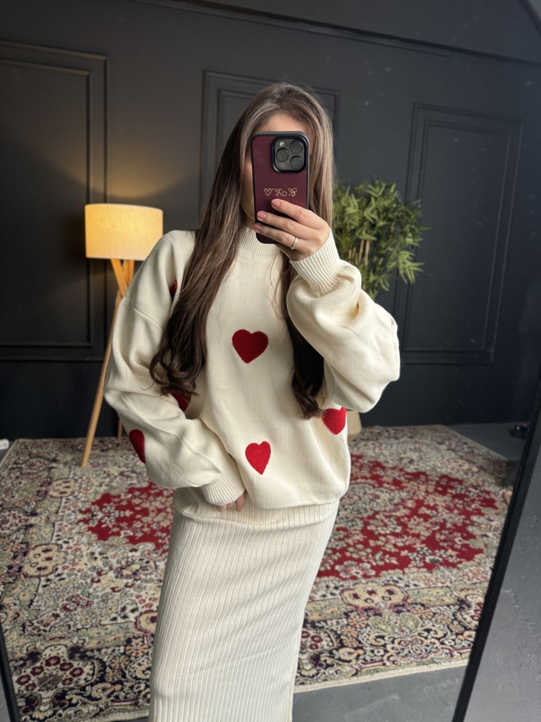 Комплект рокля и пуловер със сърца-бяло