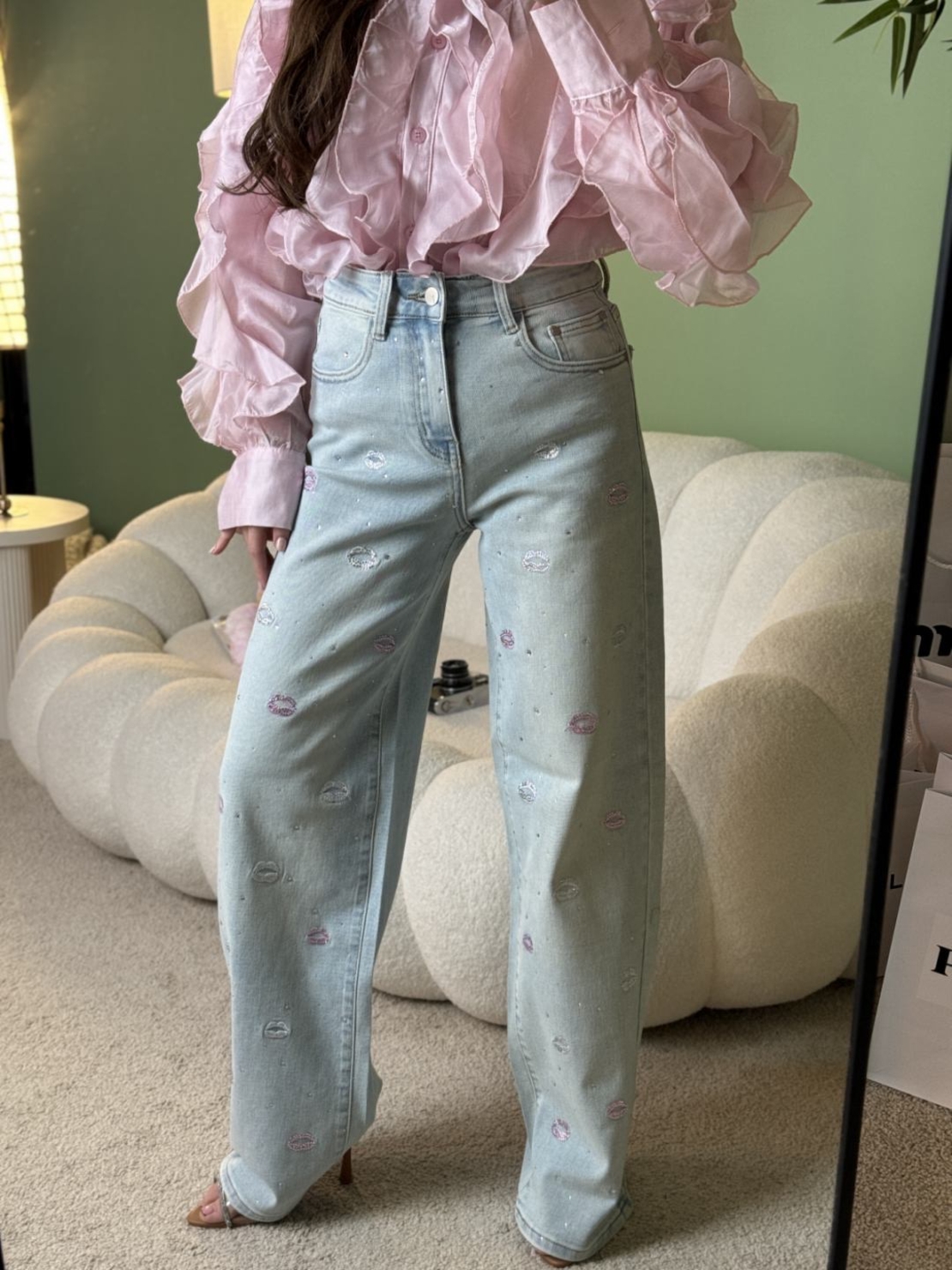 Дамски дънки с декоративен принт и висока талия,, Kiss