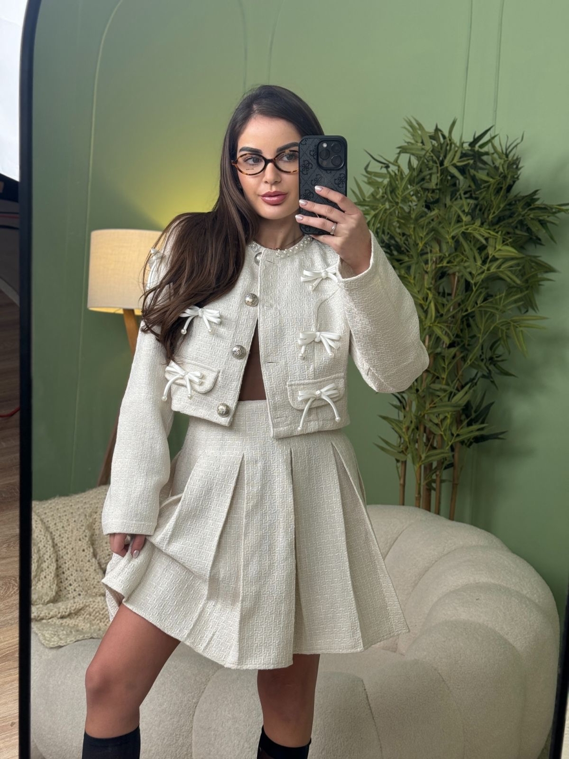 Дамски елегантен комплект сако и плисирана пола-екрю