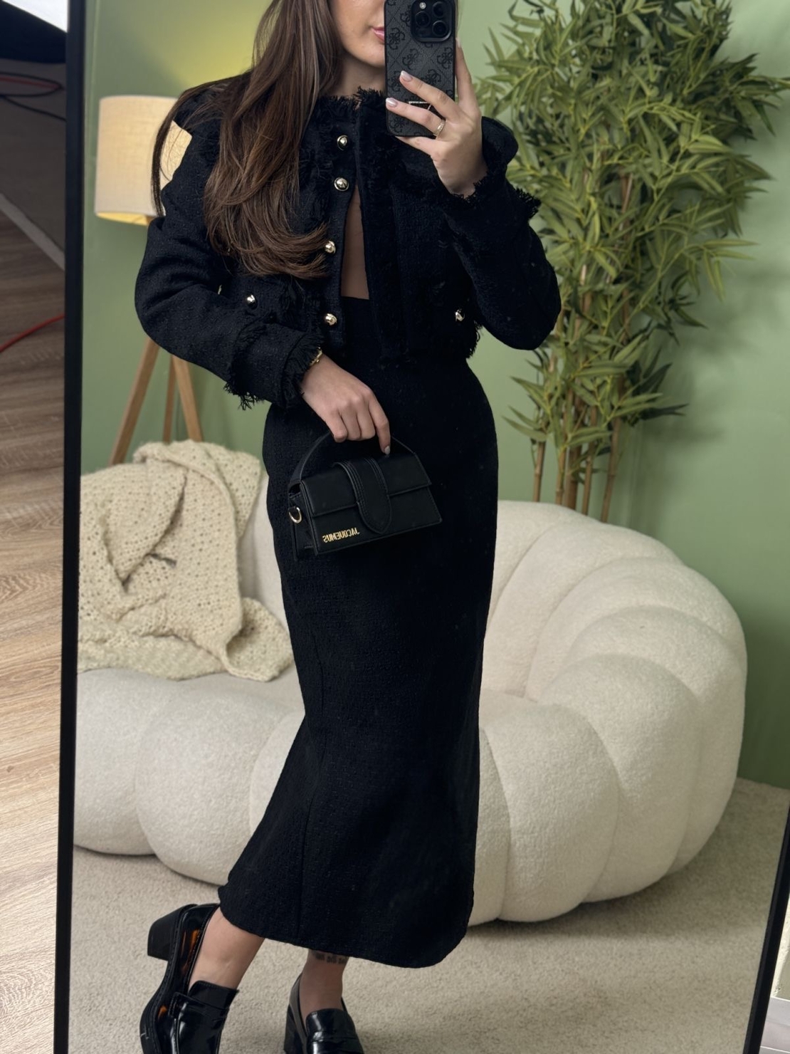 Дамски елегантен комплект сако и миди пола-черно