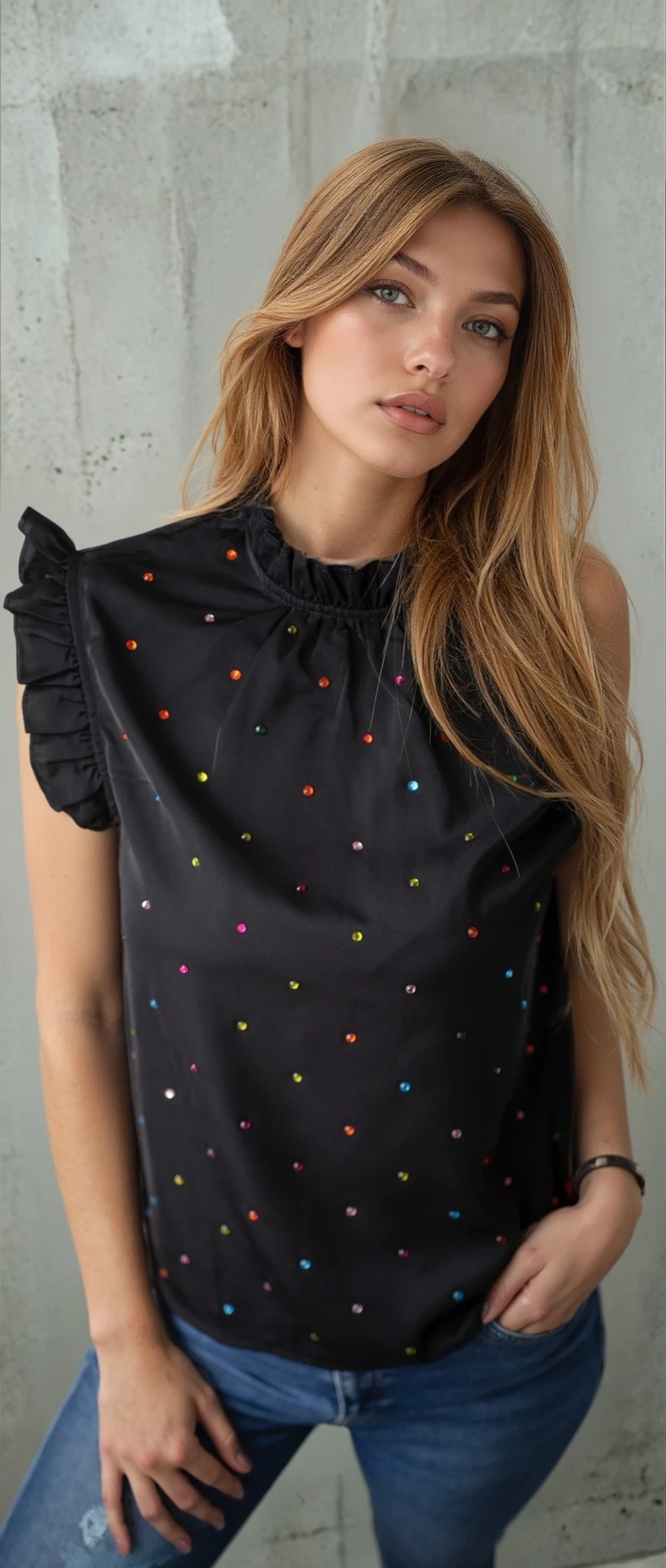 Дамска блуза с къс ръкав и цветни камъчета- Черна