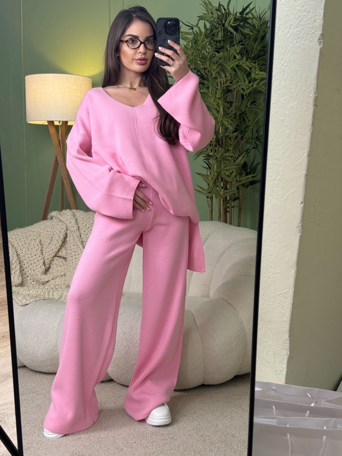 Дамски плетен комплект Cozy Vibe (пуловер + панталон)-розово