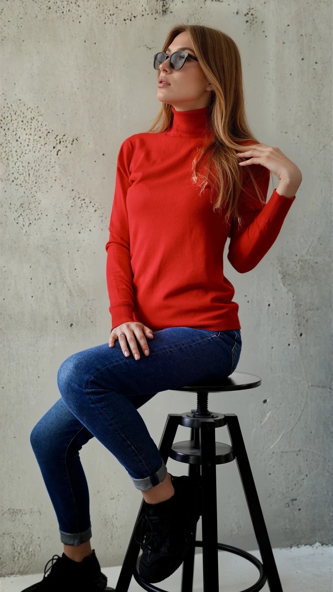 поло с кашмир с дълъг ръкав - червено