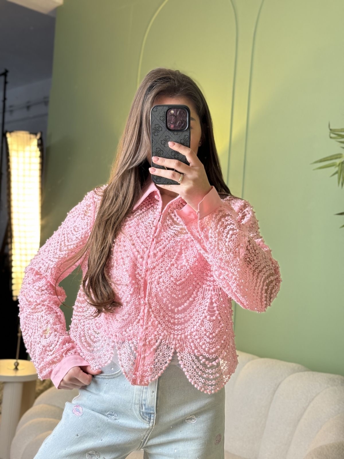 Дамска елегантна розова  дантелена риза с релефен ефект