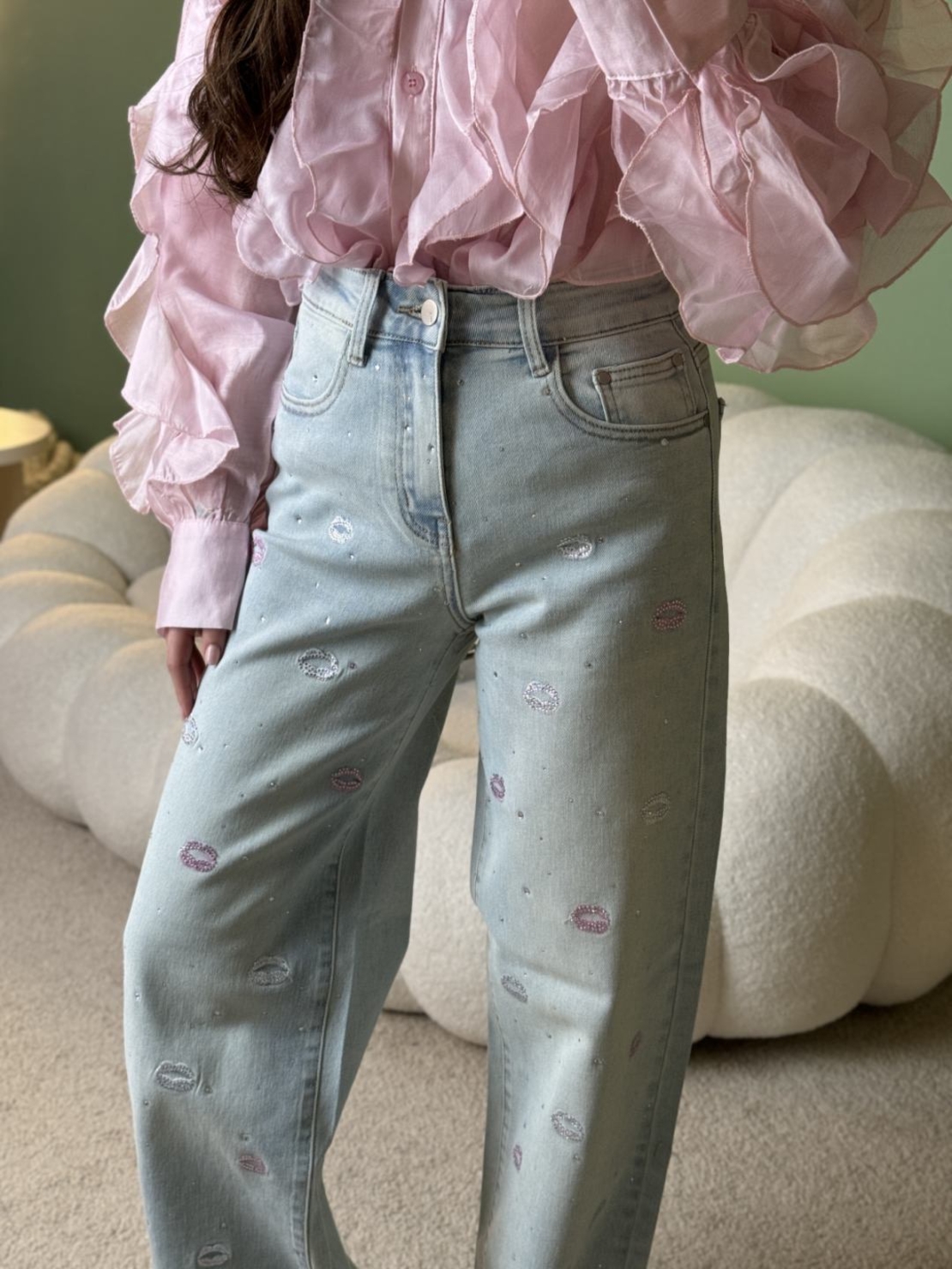 Дамски дънки с декоративен принт и висока талия,, Kiss