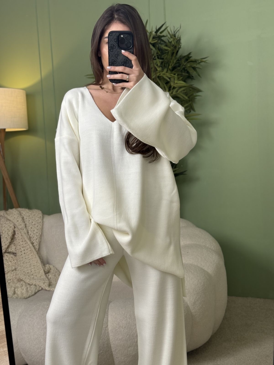 Дамски плетен комплект Cozy Vibe (пуловер + панталон)-бяло