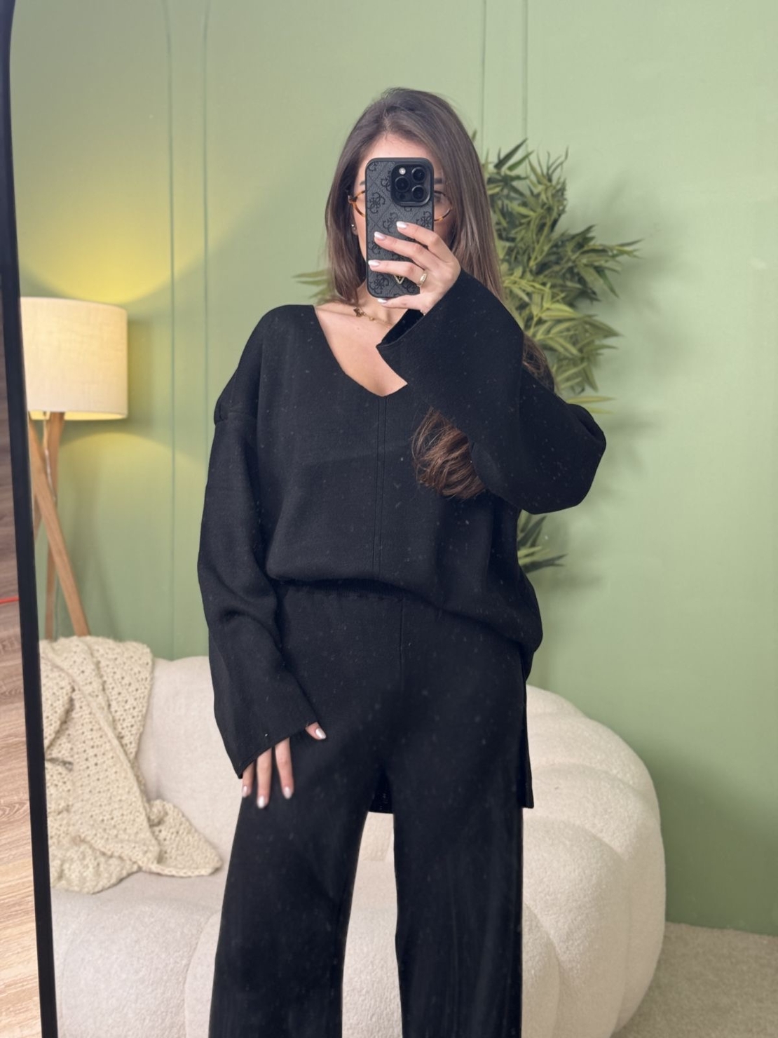 Дамски плетен комплект Cozy Vibe (пуловер + панталон)-черно