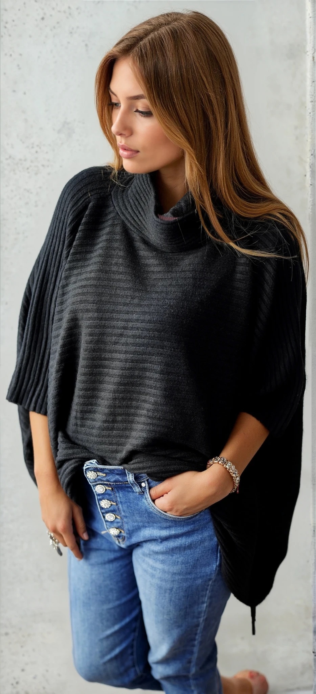 Пончо с кашмир -черно