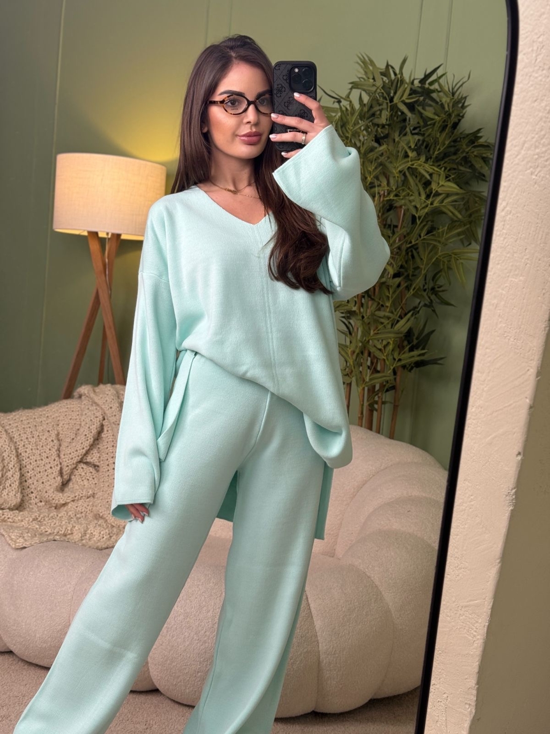 Дамски плетен комплект Cozy Vibe (пуловер + панталон)-синьо