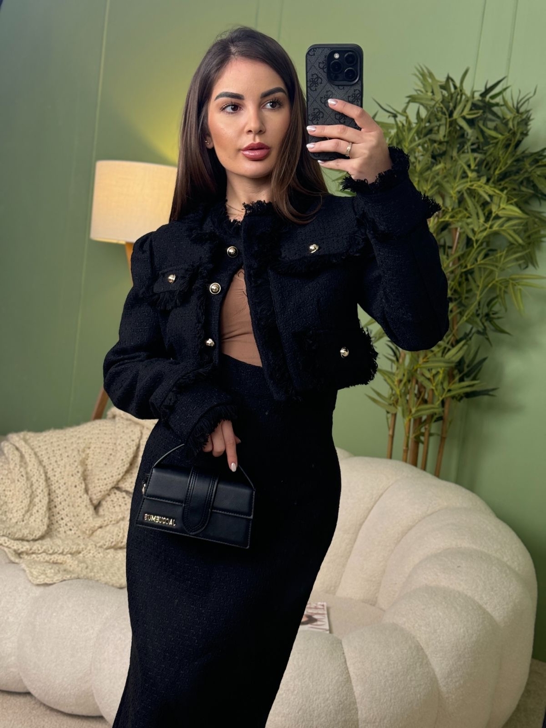 Дамски елегантен комплект сако и миди пола-черно