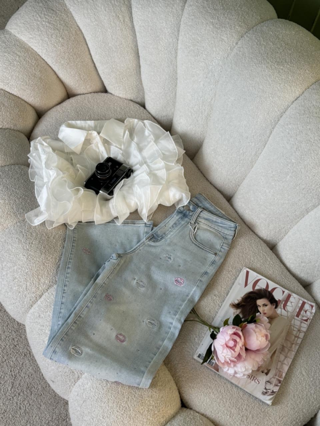 Дамски дънки с декоративен принт и висока талия,, Kiss