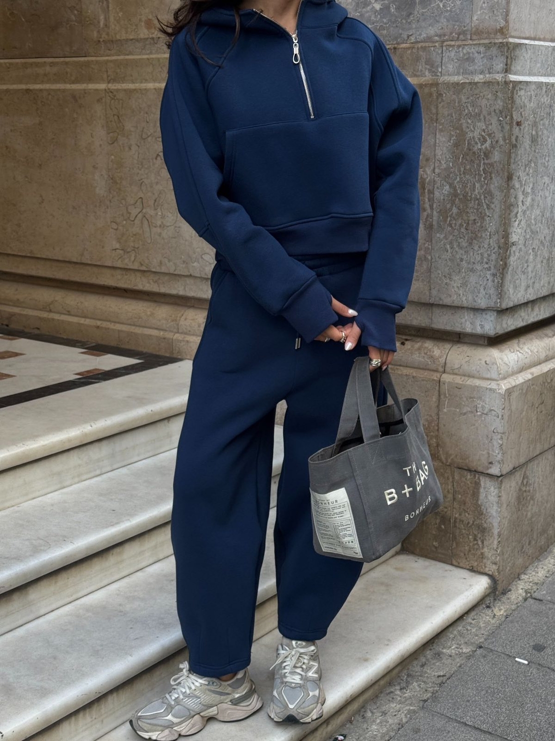 Дамски спортен комплект с цип и качулка (суитшърт + панталон)-син