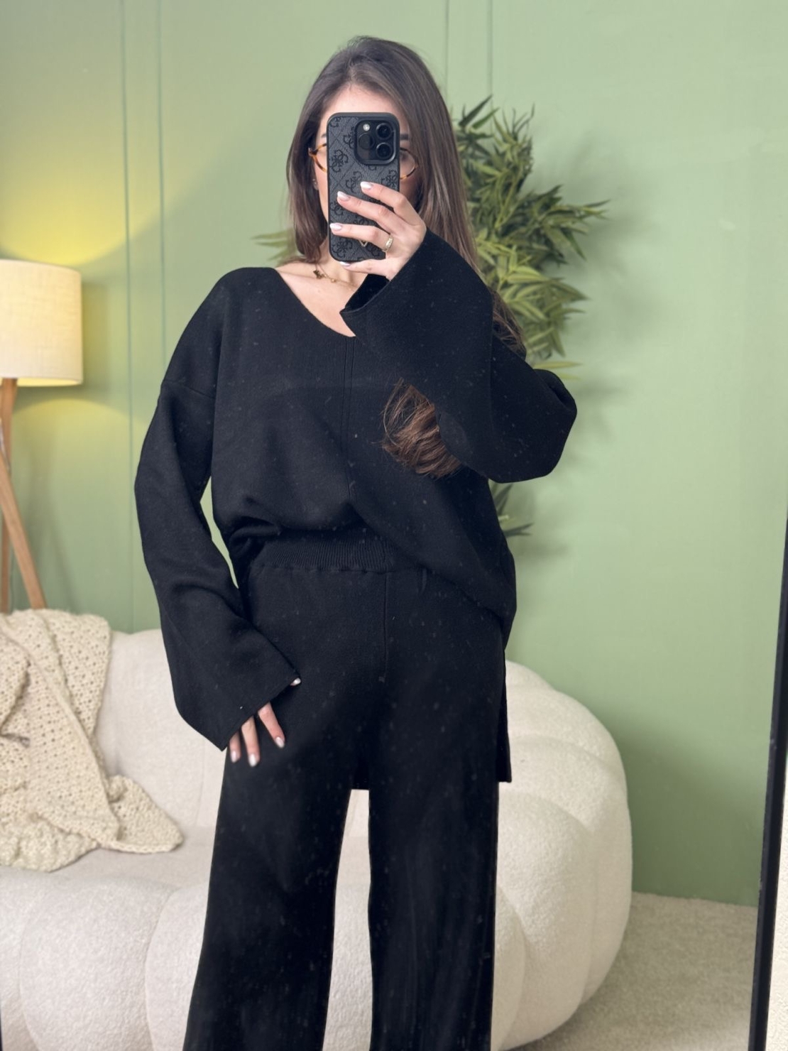Дамски плетен комплект Cozy Vibe (пуловер + панталон)-черно