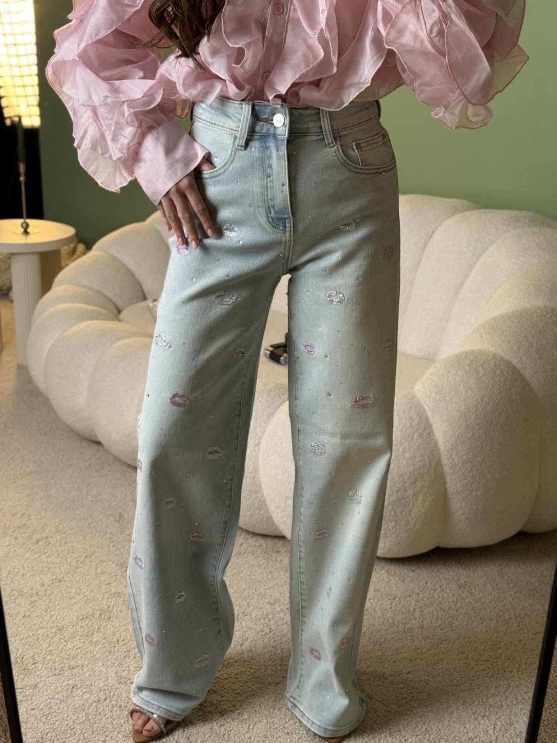 Дамски дънки с декоративен принт и висока талия,, Kiss