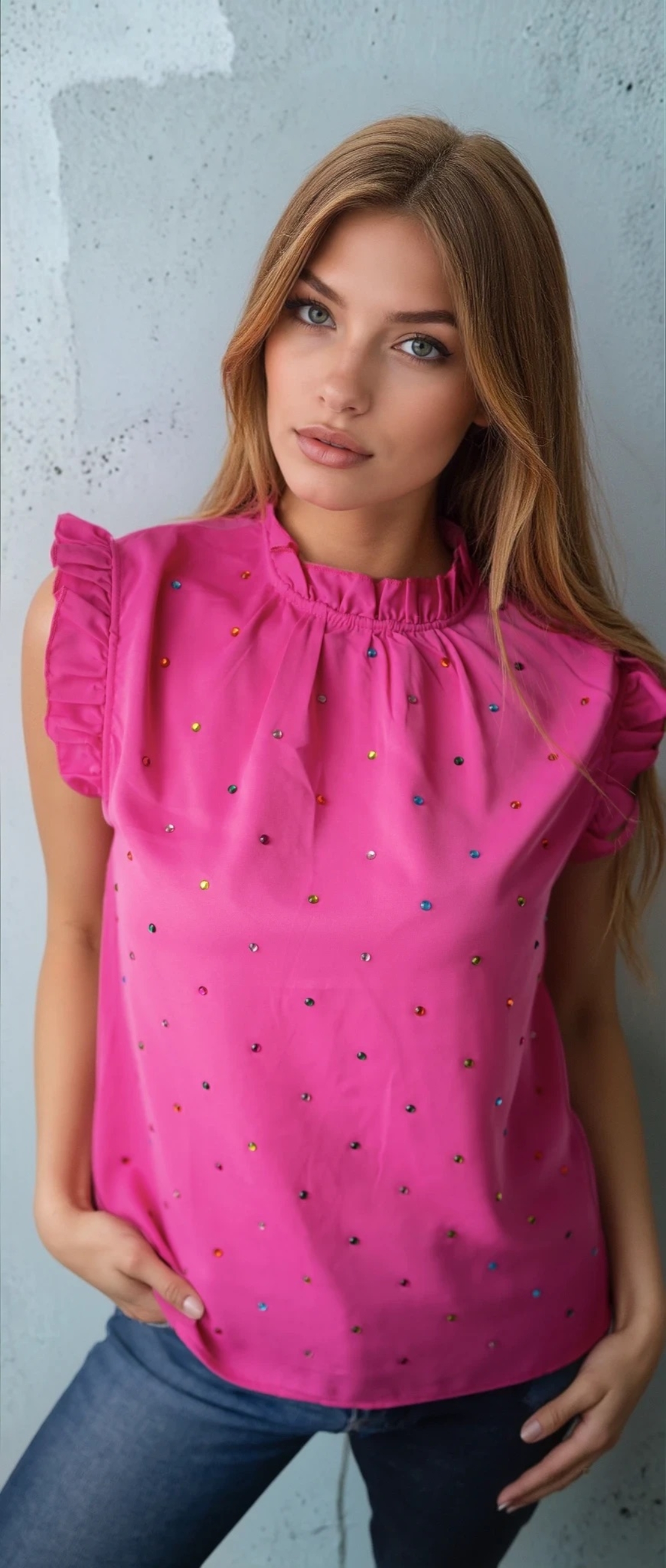 Дамска блуза с къс ръкав и цветни камъчета- Цикламена