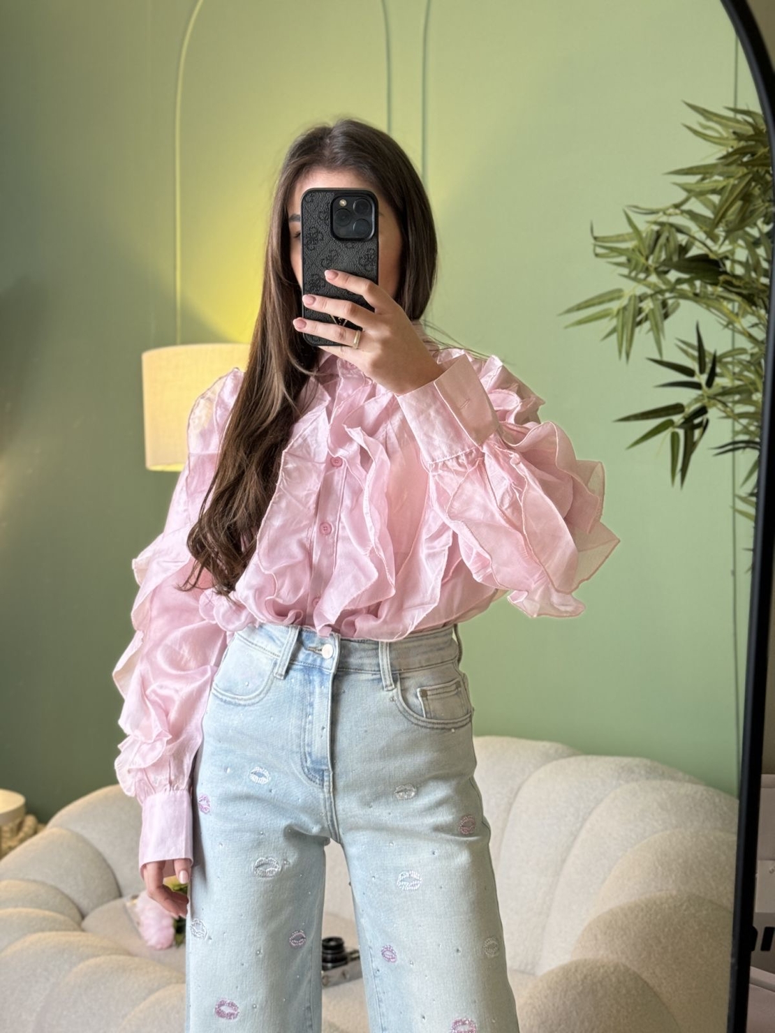 Дамска розова  елегантна риза с ефирни волани