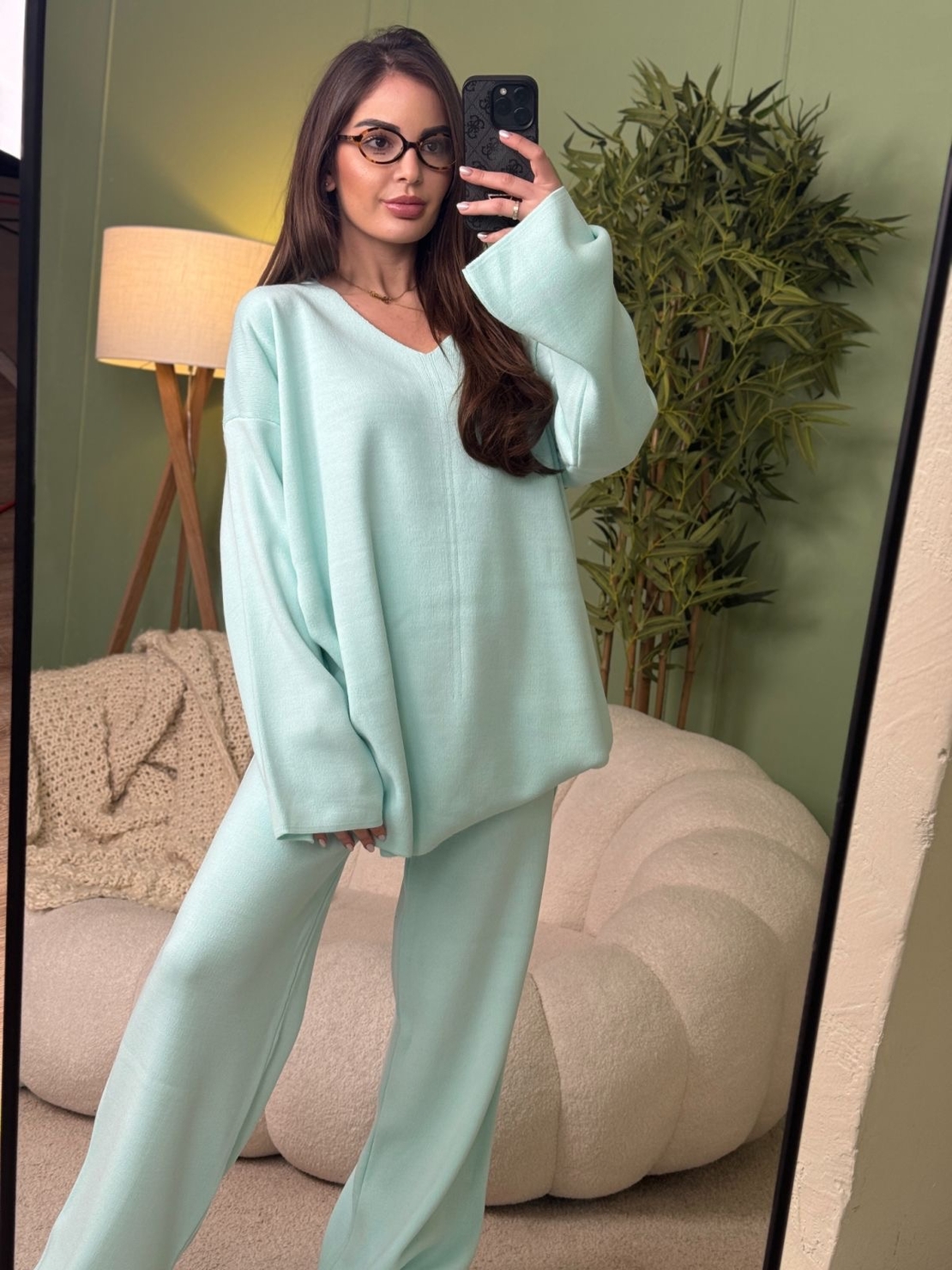 Дамски плетен комплект Cozy Vibe (пуловер + панталон)-синьо