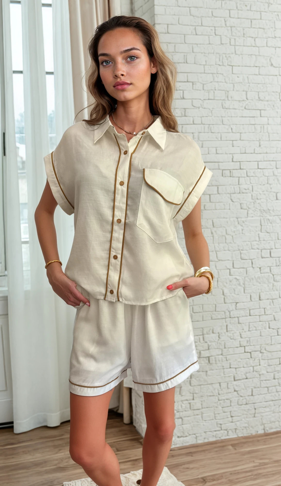 Комплект “Natural Chic” в екрю с контрастен кант