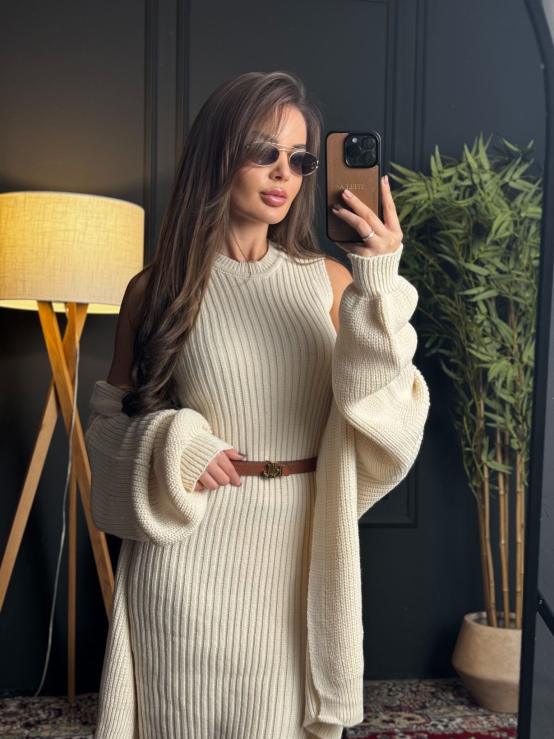 Рипсена дълга рокля с жилетка в екрю