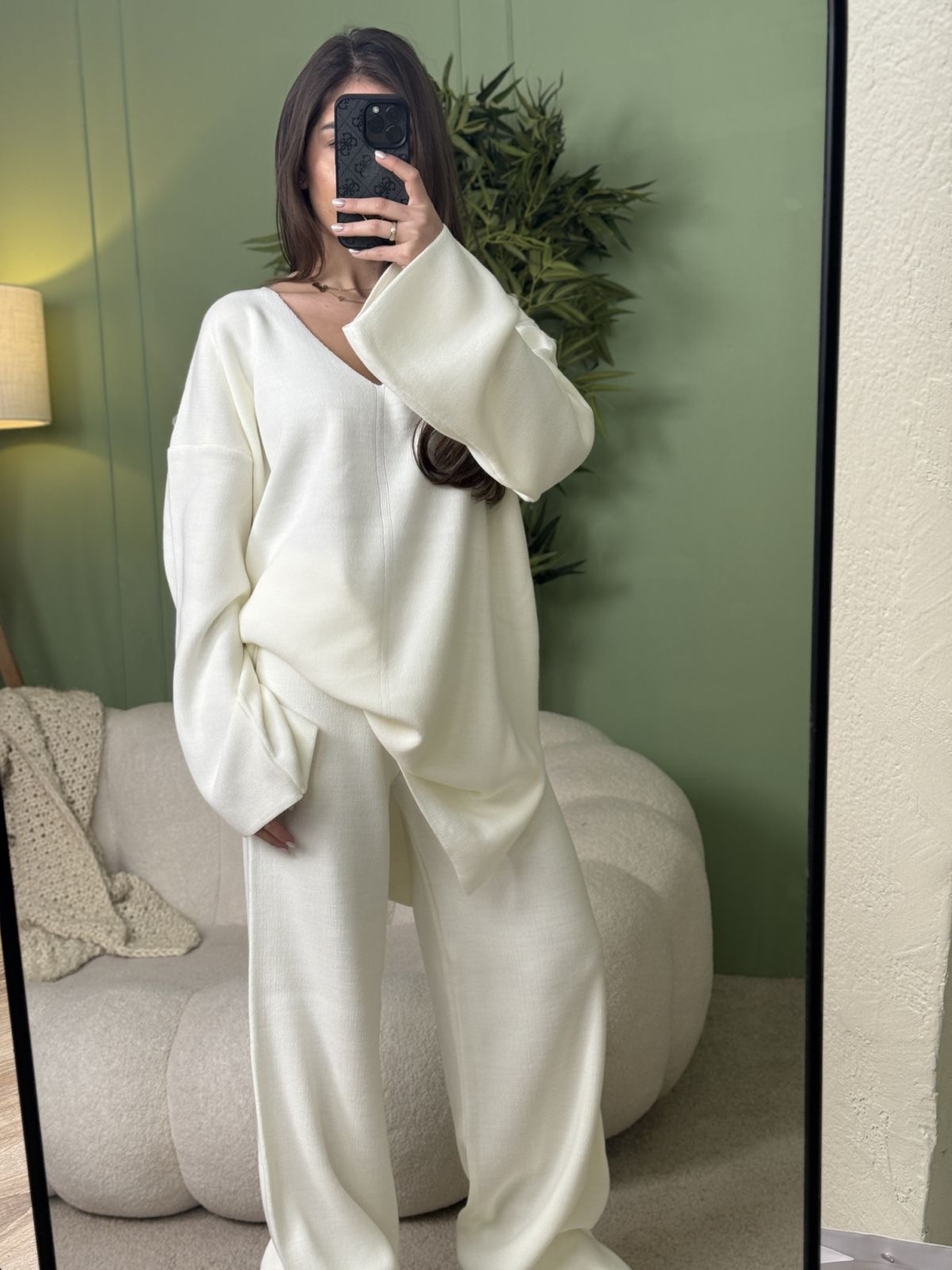 Дамски плетен комплект Cozy Vibe (пуловер + панталон)-бяло