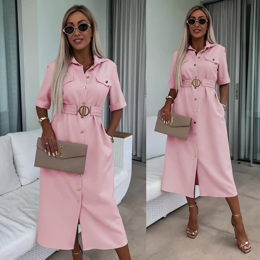 Елегантна риза-рокля с колан „Sophisticated Chic“- Розова