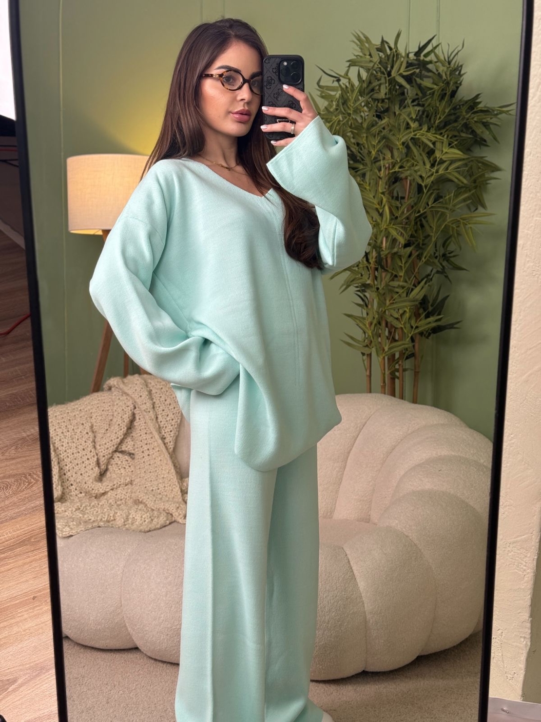 Дамски плетен комплект Cozy Vibe (пуловер + панталон)-синьо