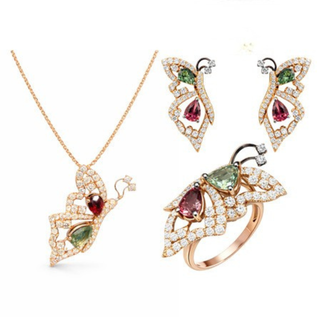 14.23 ct Butterfly set with turmaline and diamonds