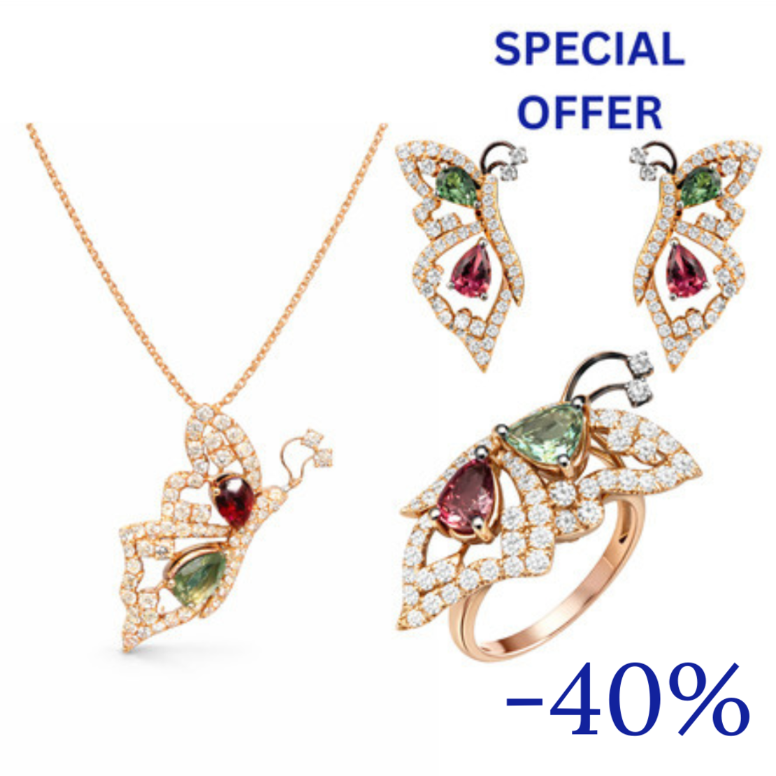 14.23 ct Butterfly set with turmaline and diamonds